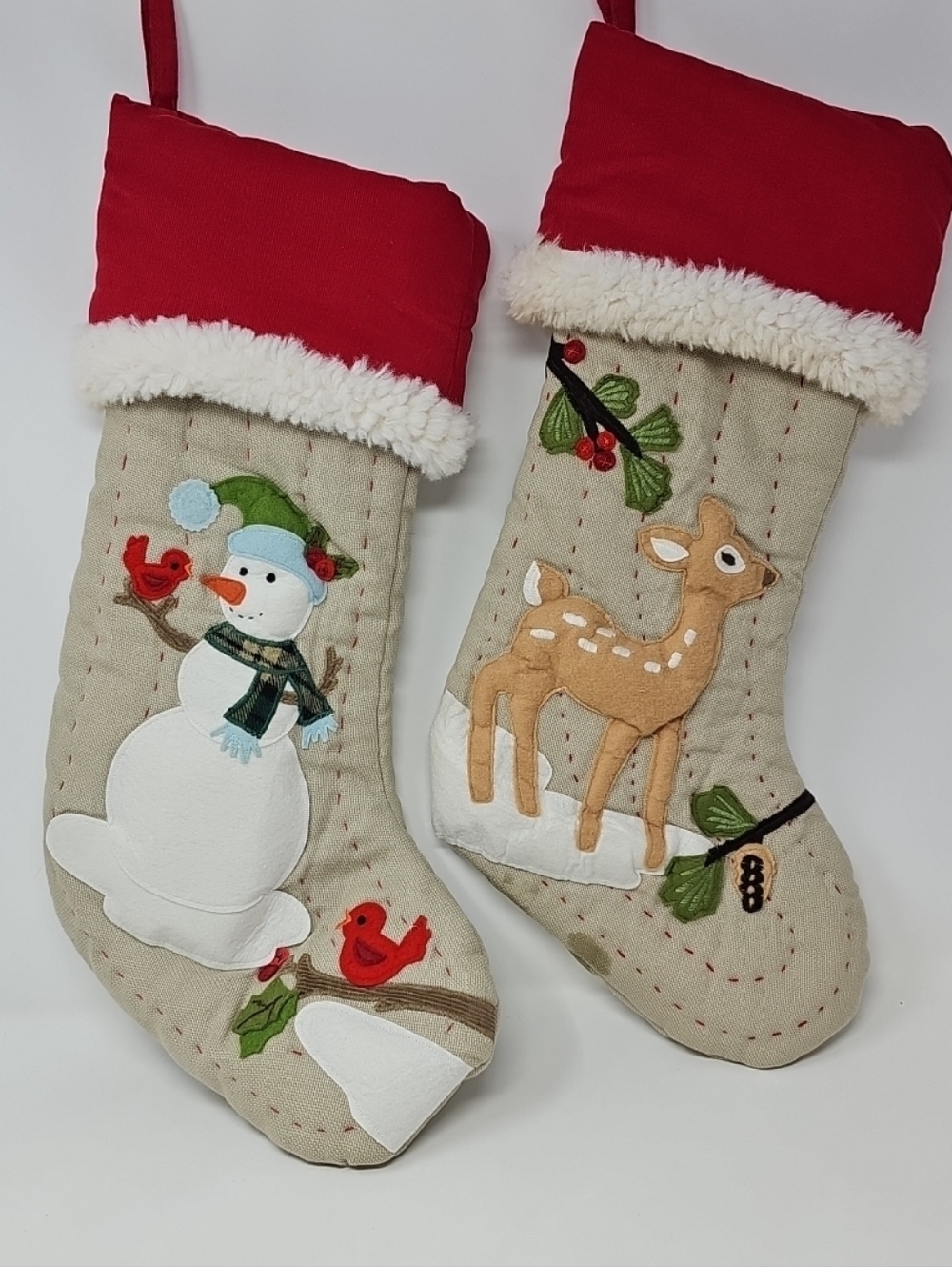 Pottery Barn Christmas Stocking Pair with Snowman & Deer - Red Trim